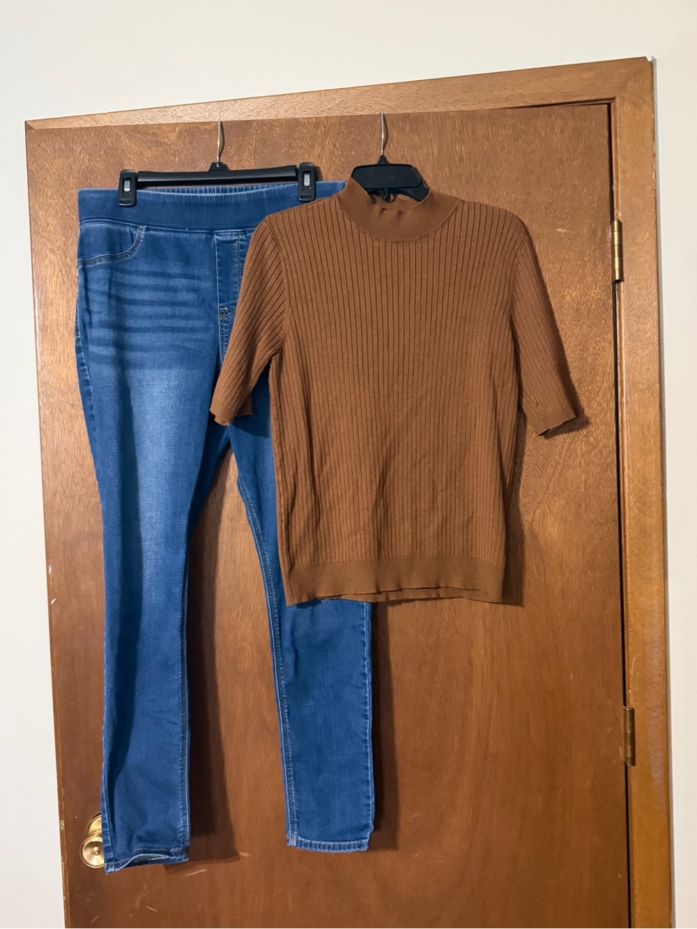 Brown Ribbed Short-Sleeve Mock Neck Sweater and skinny jeans
